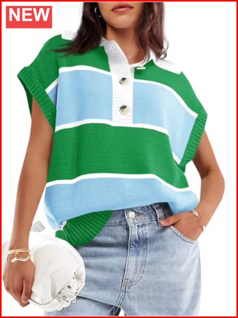 Saodimallsu Womens V Neck Button Down Striped Short Sleeve Knit Sweater
